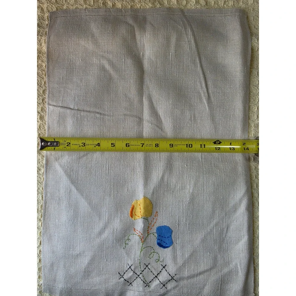 Vintage Hand Embroidered Linen Tea Towel Floral Oatmeal Hemstitched 13x20